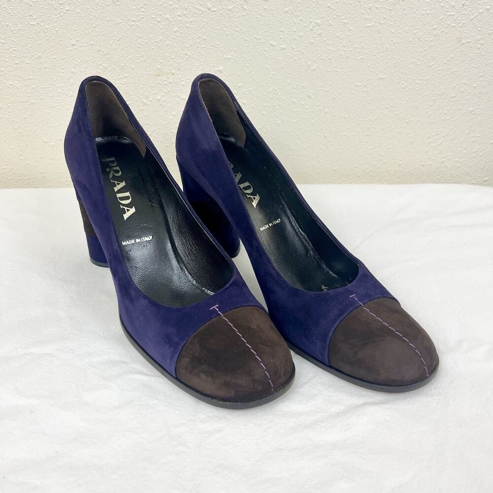 Prada Suede Colorblock Block Heels Womens Size 37.5 US 7.5 Purple Brown